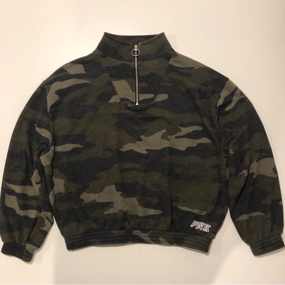 PINK by VS Camo Cropped Quarter Zip Sweatshirt Womens Size XS - Picture 1 of 12